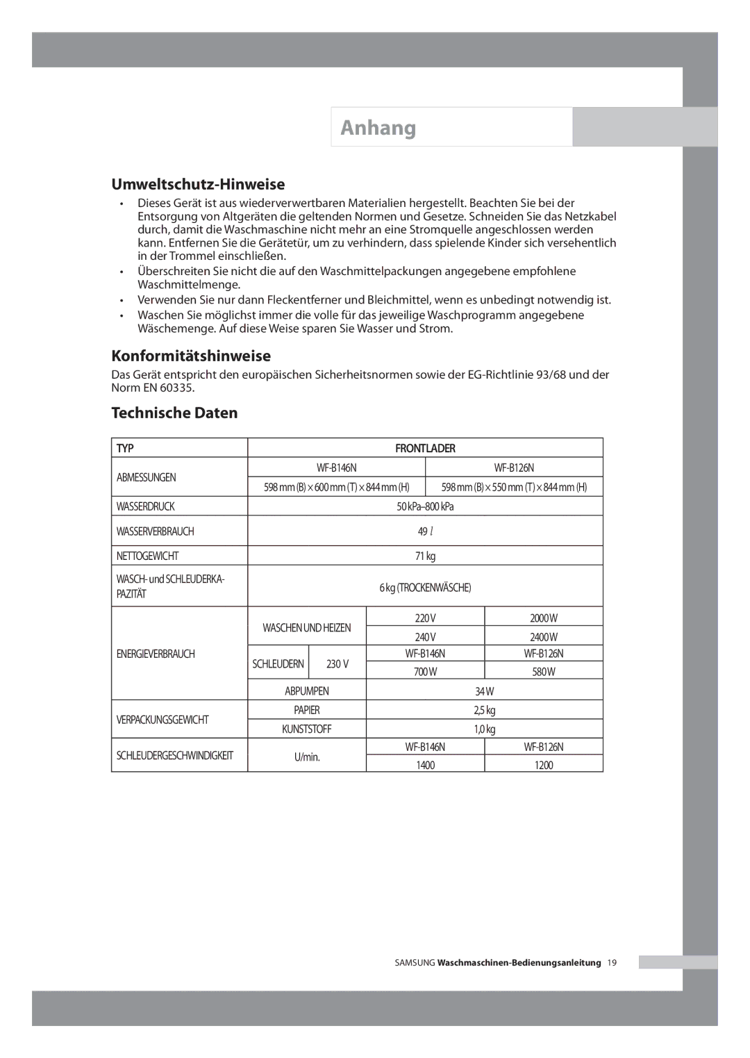 Samsung WF-B146NV/XEG, WF-B126NV/XEG manual Umweltschutz-Hinweise, Konformitätshinweise, Technische Daten 