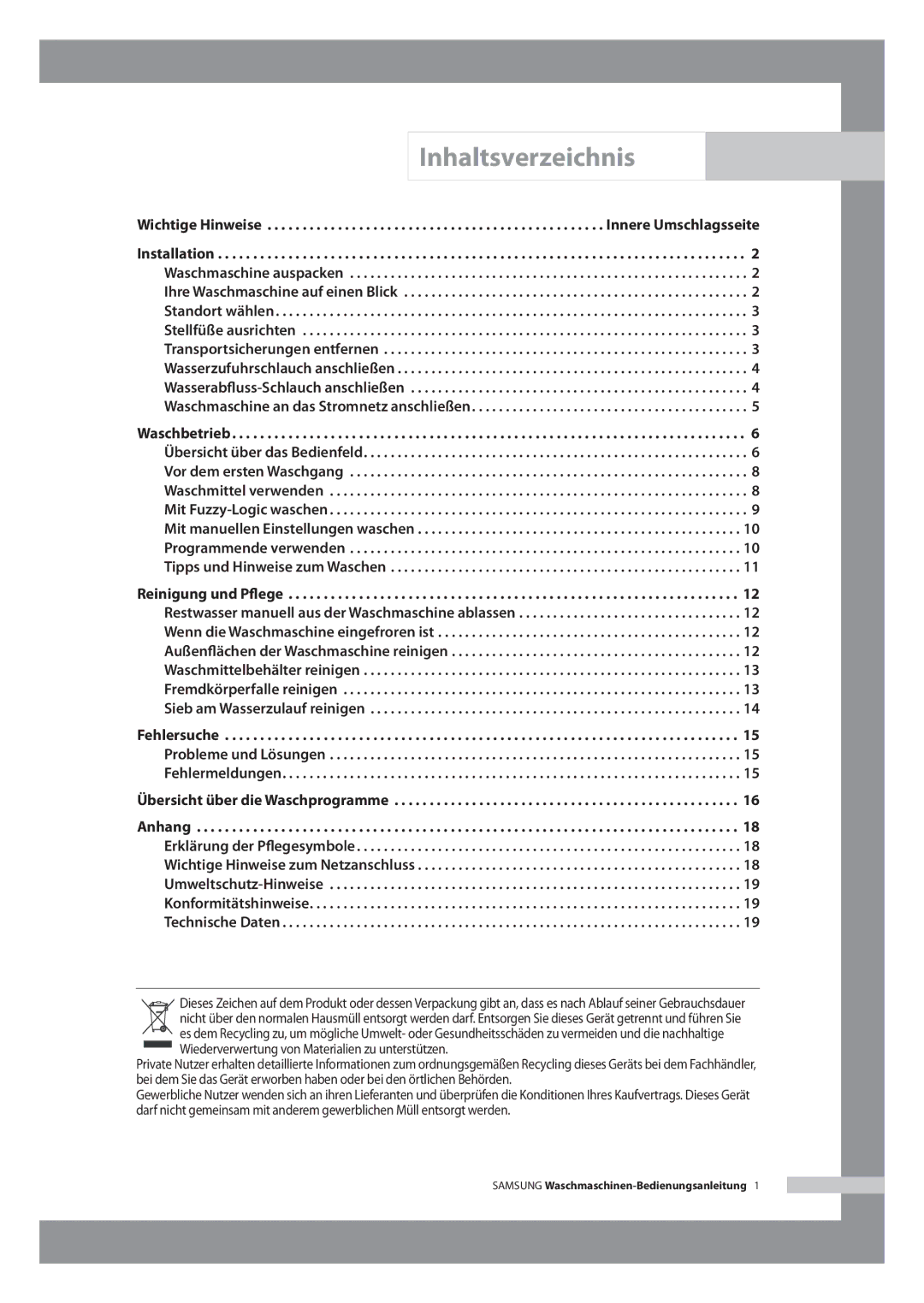 Samsung WF-B146NV/XEG, WF-B126NV/XEG manual Inhaltsverzeichnis, Übersicht über die Waschprogramme Anhang 