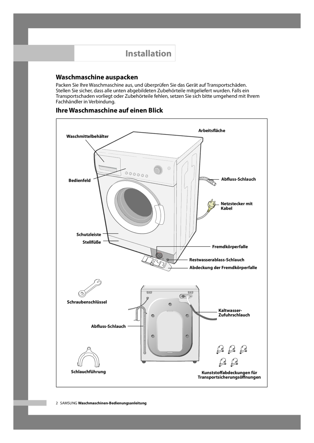 Samsung WF-B126NV/XEG, WF-B146NV/XEG manual Installation, Waschmaschine auspacken, Ihre Waschmaschine auf einen Blick 