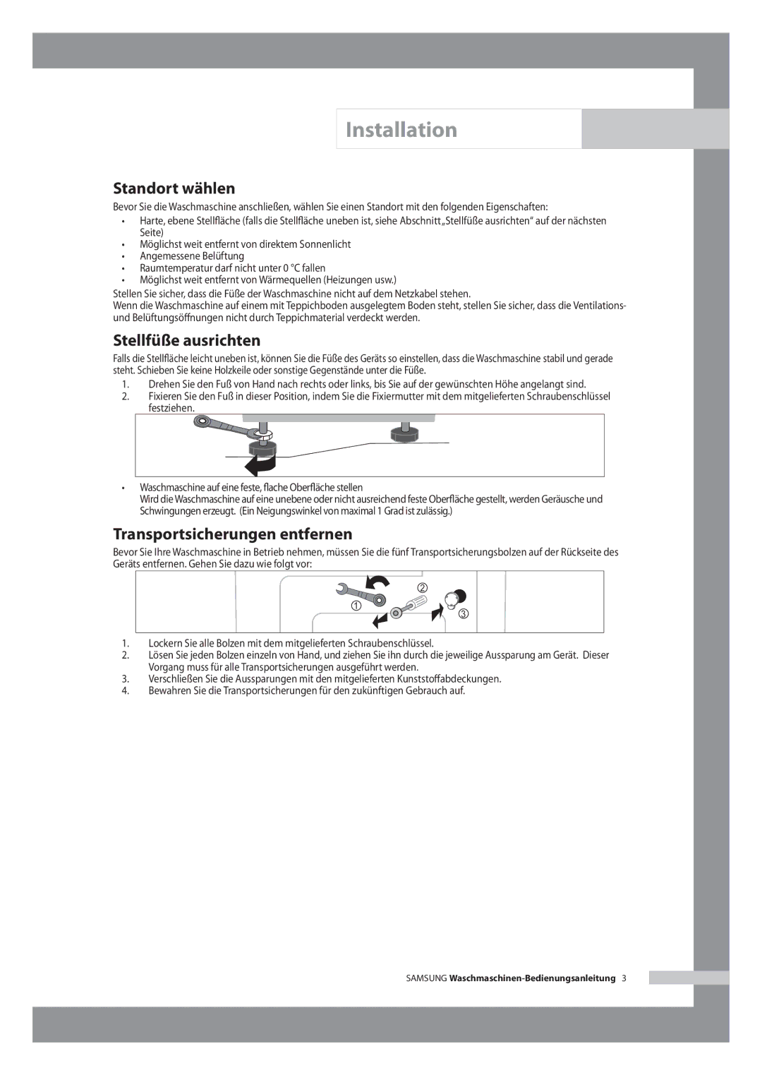 Samsung WF-B146NV/XEG, WF-B126NV/XEG manual Standort wählen, Stellfüße ausrichten, Transportsicherungen entfernen 