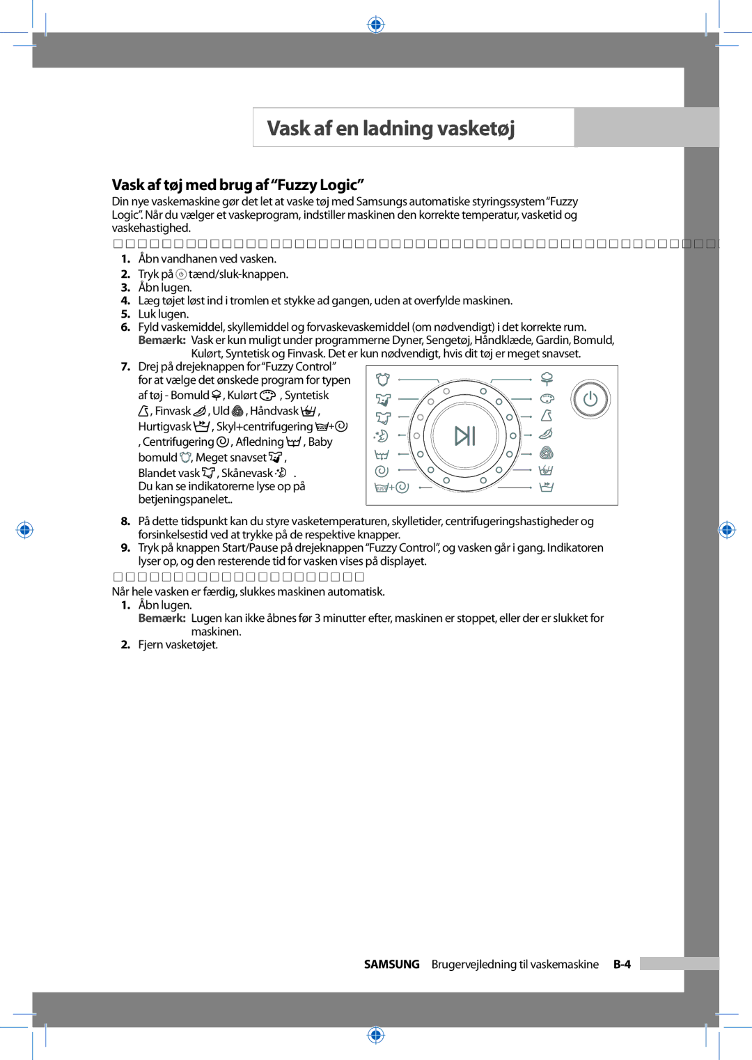 Samsung WF-J125NV/XEE manual Vask af tøj med brug afFuzzy Logic, Sådan vasker du tøj med brug af Fuzzy Logic-programmer 