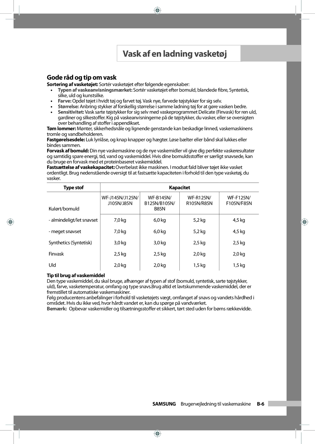 Samsung WF-J125NV/XEE, WF-B145NV/XEE manual Gode råd og tip om vask, Type stof Kapacitet, Tip til brug af vaskemiddel 