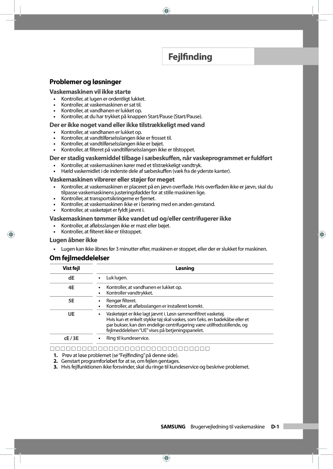 Samsung WF-J125NV/XEE, WF-B145NV/XEE manual Fejlﬁnding, Problemer og løsninger, Om fejlmeddelelser 