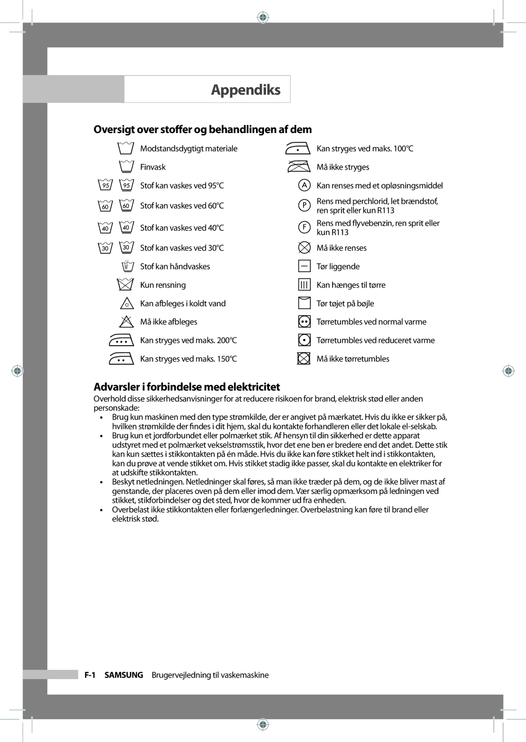 Samsung WF-B145NV/XEE Appendiks, Oversigt over stoﬀer og behandlingen af dem, Advarsler i forbindelse med elektricitet 