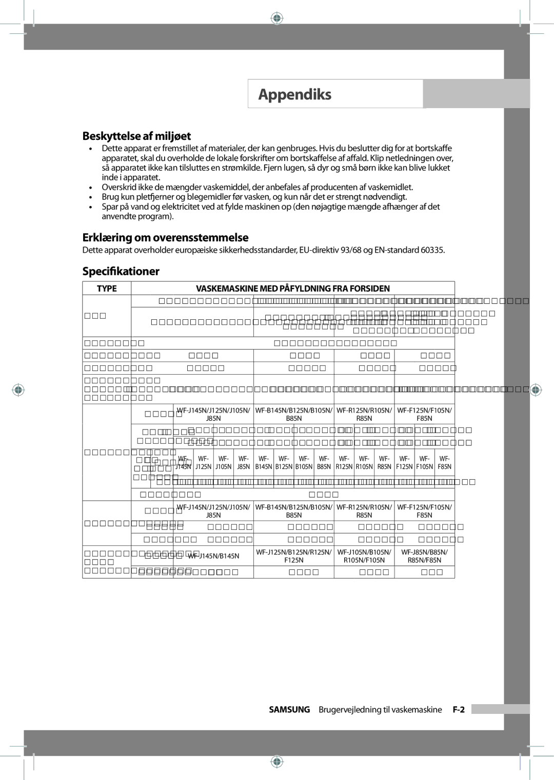 Samsung WF-J125NV/XEE, WF-B145NV/XEE manual Beskyttelse af miljøet, Erklæring om overensstemmelse, Speciﬁkationer 