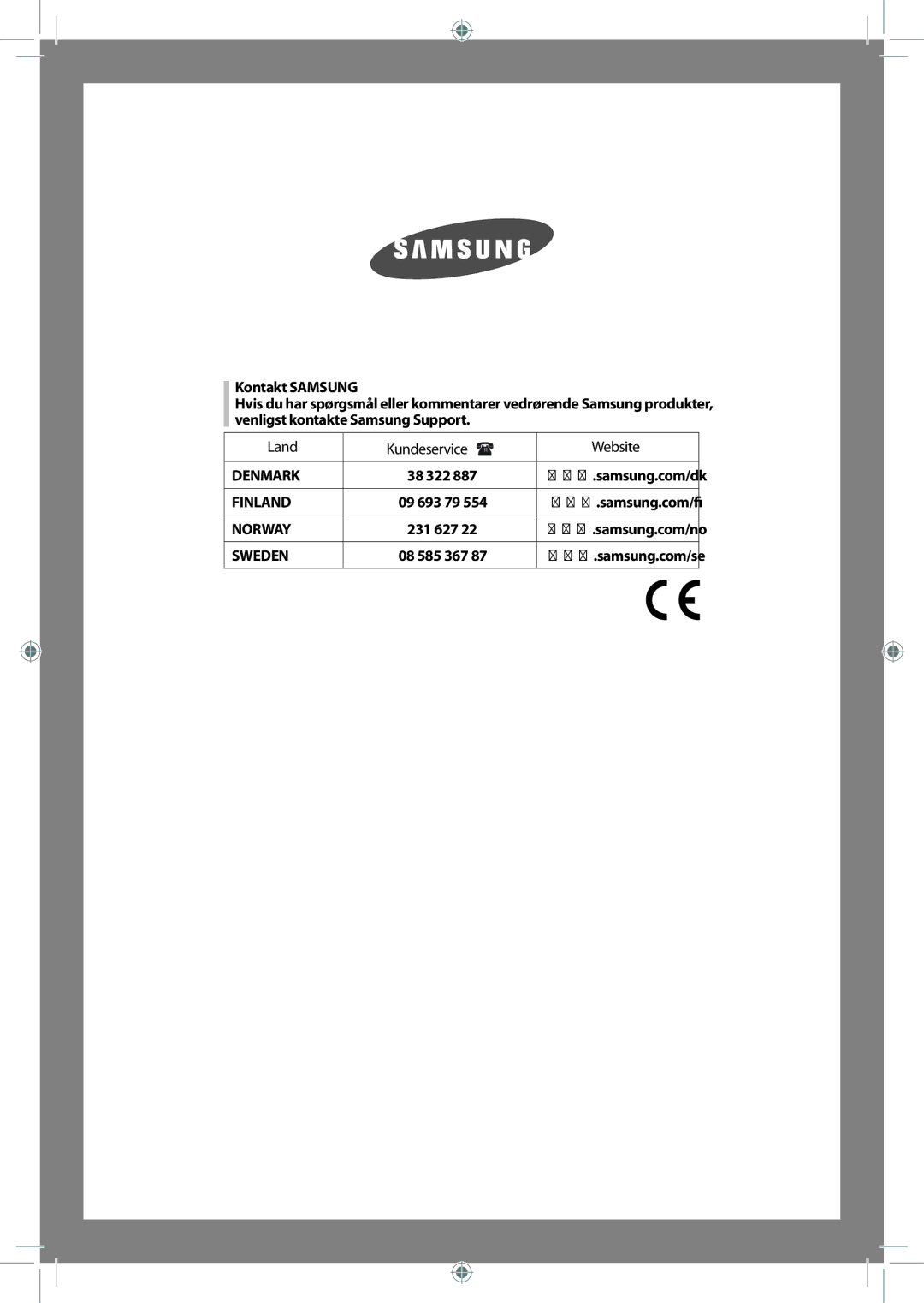 Samsung WF-B145NV/XEE, WF-J125NV/XEE manual Land Kundeservice Website 