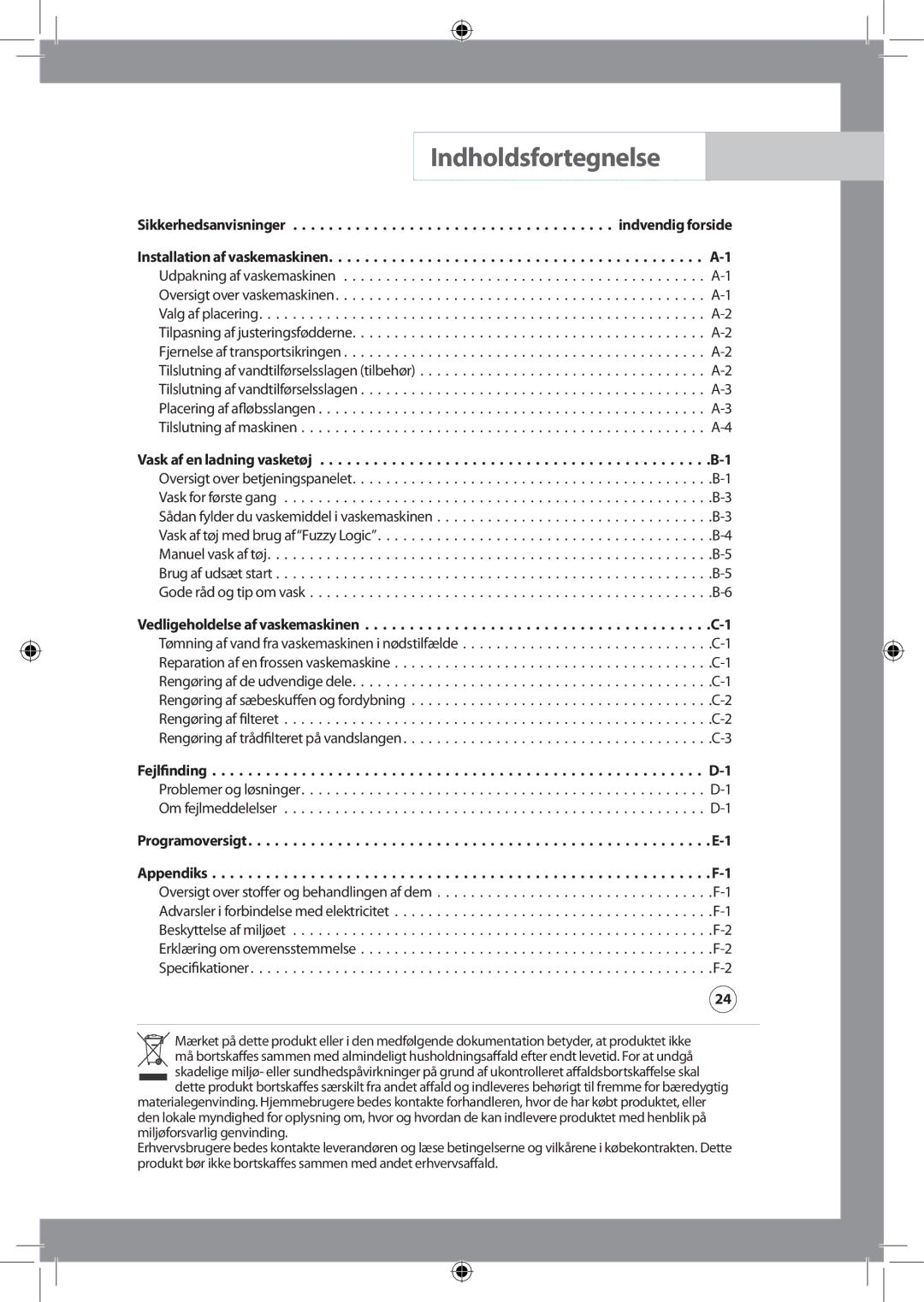 Samsung WF-J125NV/XEE, WF-B145NV/XEE manual Indholdsfortegnelse, Fejlﬁnding 