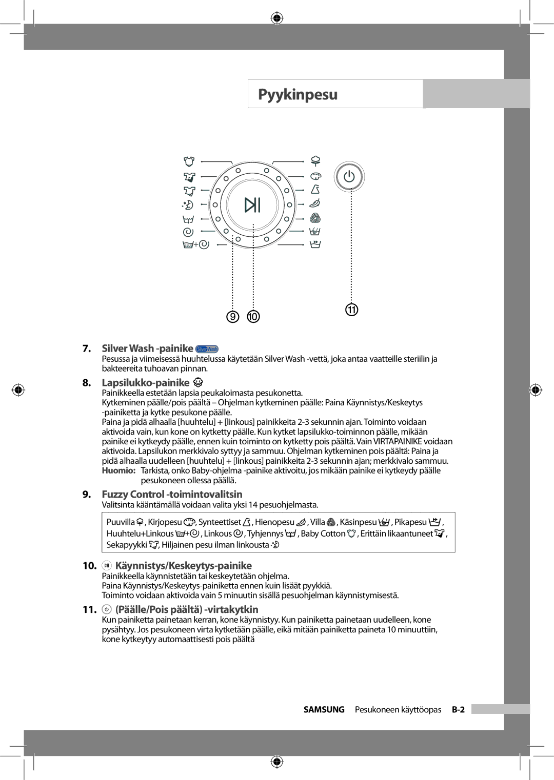 Samsung WF-J125NV/XEE, WF-B145NV/XEE manual Silver Wash -painike, Lapsilukko-painike, Fuzzy Control -toimintovalitsin 