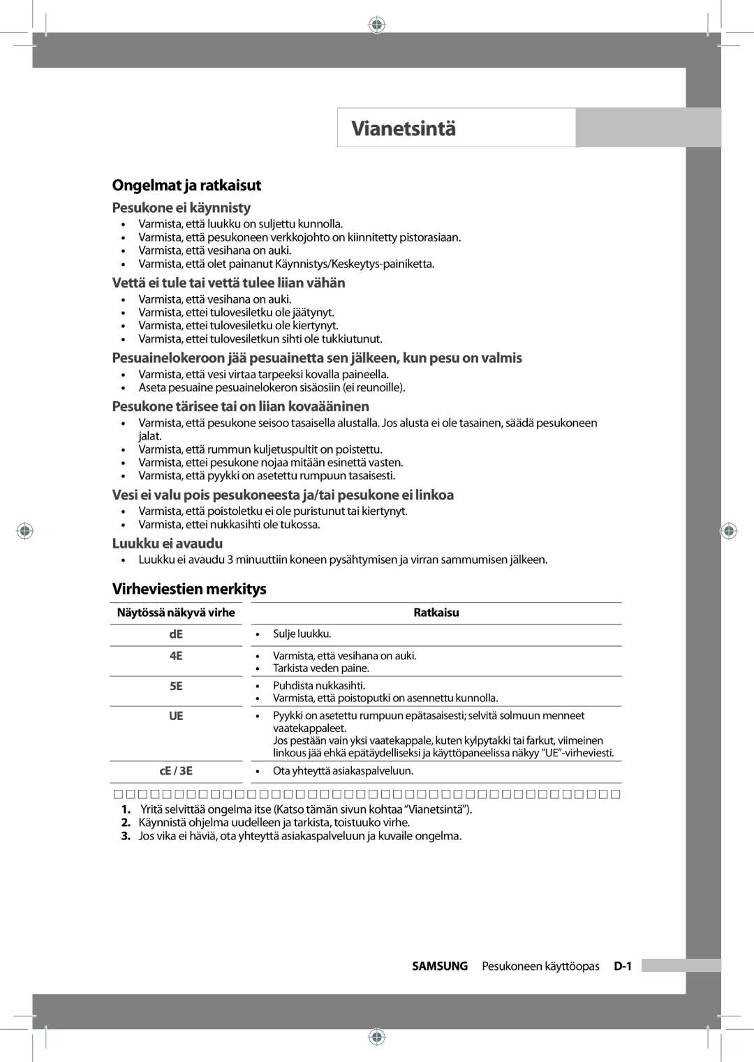 Samsung WF-J125NV/XEE, WF-B145NV/XEE manual Vianetsintä, Ongelmat ja ratkaisut, Virheviestien merkitys 