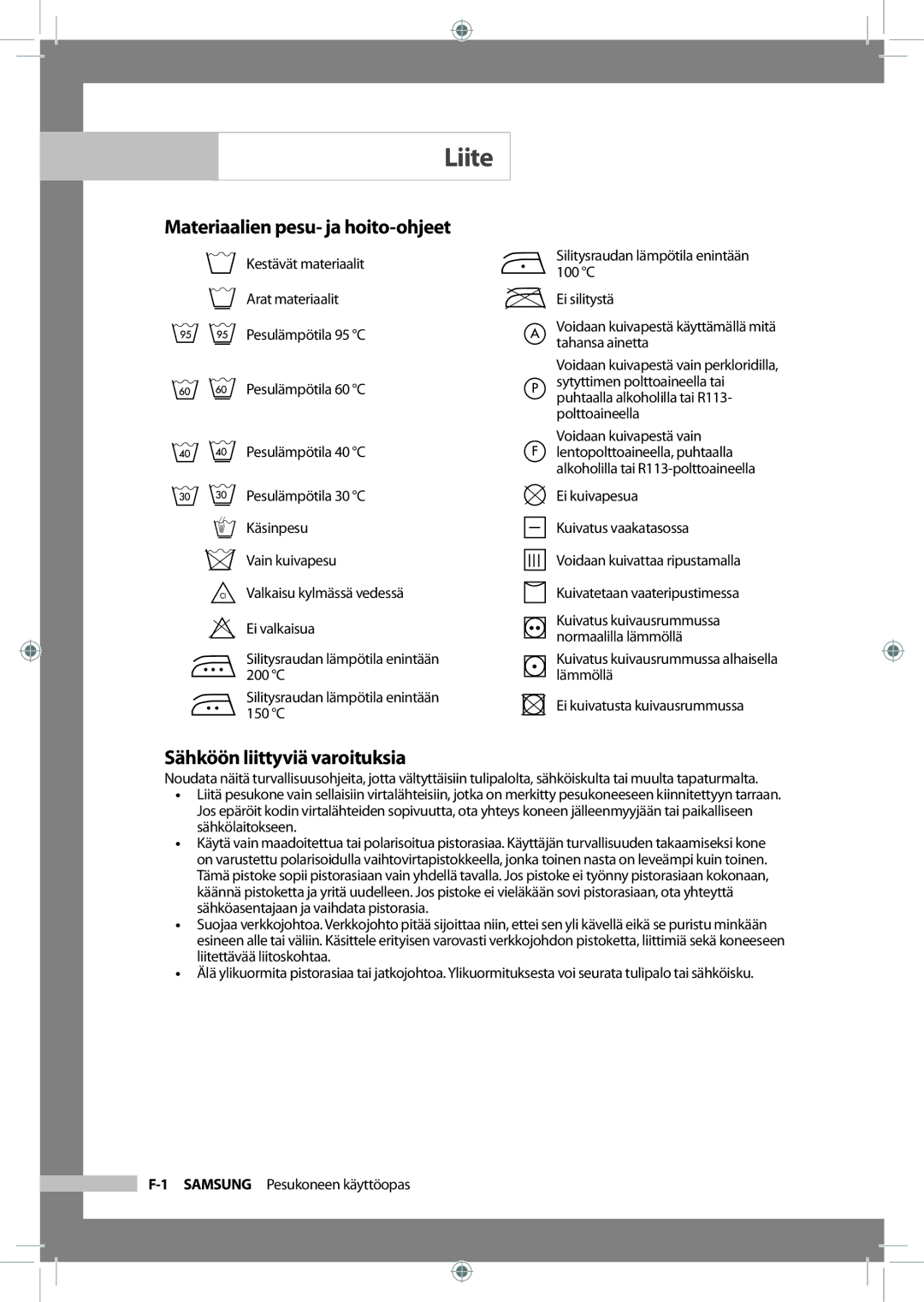 Samsung WF-B145NV/XEE, WF-J125NV/XEE manual Liite, Materiaalien pesu- ja hoito-ohjeet, Sähköön liittyviä varoituksia 