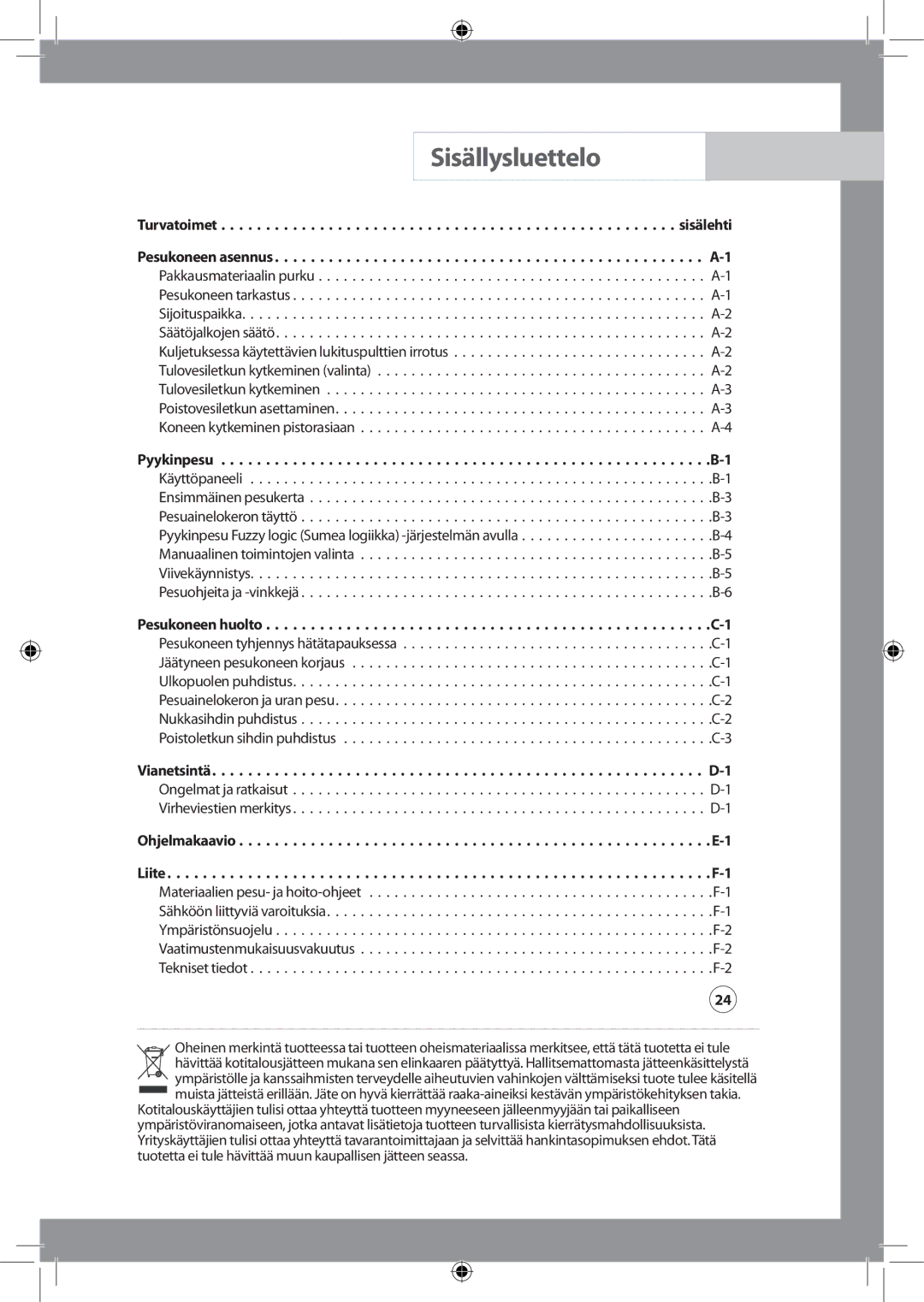 Samsung WF-J125NV/XEE, WF-B145NV/XEE manual Sisällysluettelo 