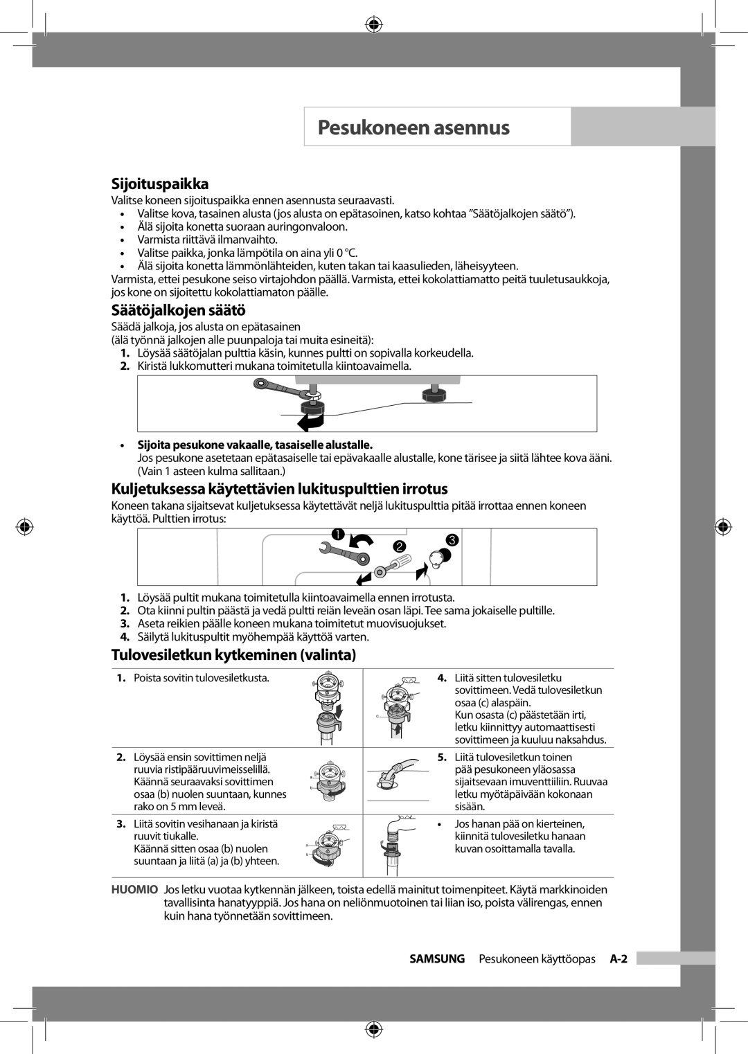 Samsung WF-J125NV/XEE manual Sijoituspaikka, Säätöjalkojen säätö, Kuljetuksessa käytettävien lukituspulttien irrotus 