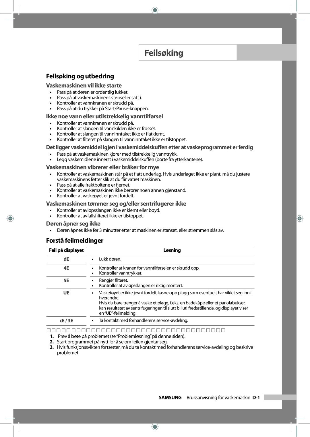 Samsung WF-J125NV/XEE, WF-B145NV/XEE manual Feilsøking og utbedring, Forstå feilmeldinger 