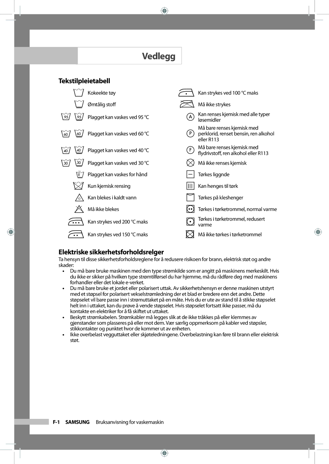 Samsung WF-B145NV/XEE, WF-J125NV/XEE manual Vedlegg, Tekstilpleietabell, Elektriske sikkerhetsforholdsrelger 