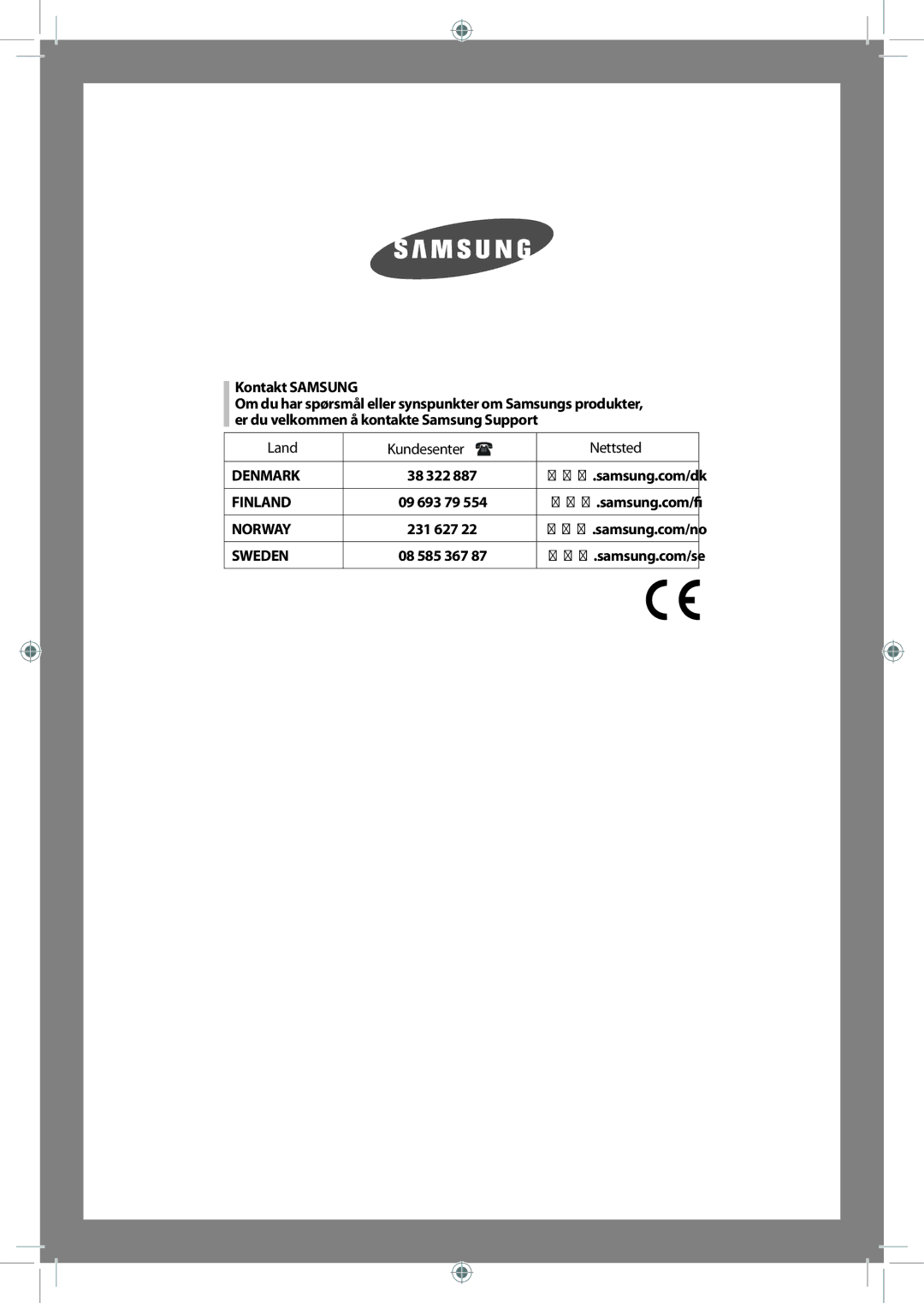 Samsung WF-B145NV/XEE, WF-J125NV/XEE manual Kontakt Samsung, Land Kundesenter Nettsted 