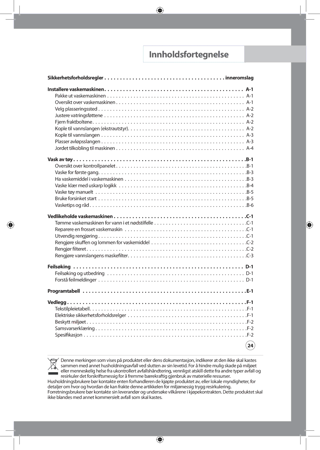 Samsung WF-J125NV/XEE, WF-B145NV/XEE manual Innholdsfortegnelse, Vask av tøy 