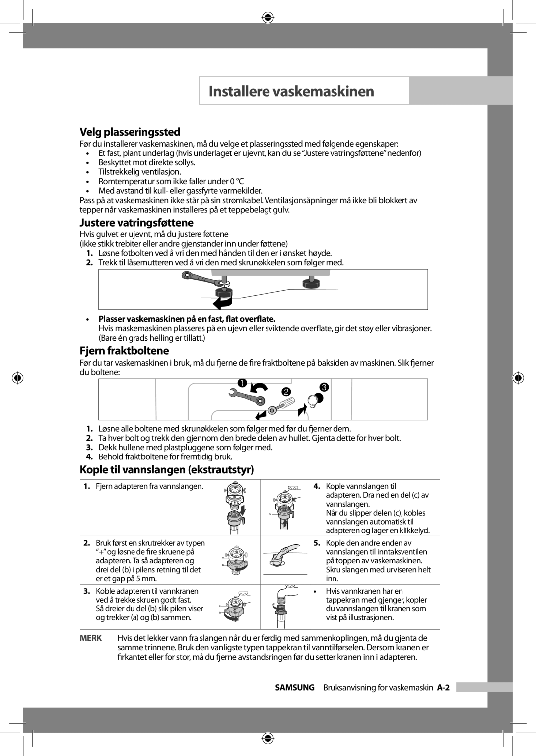 Samsung WF-J125NV/XEE, WF-B145NV/XEE manual Velg plasseringssted, Justere vatringsføttene, Fjern fraktboltene 