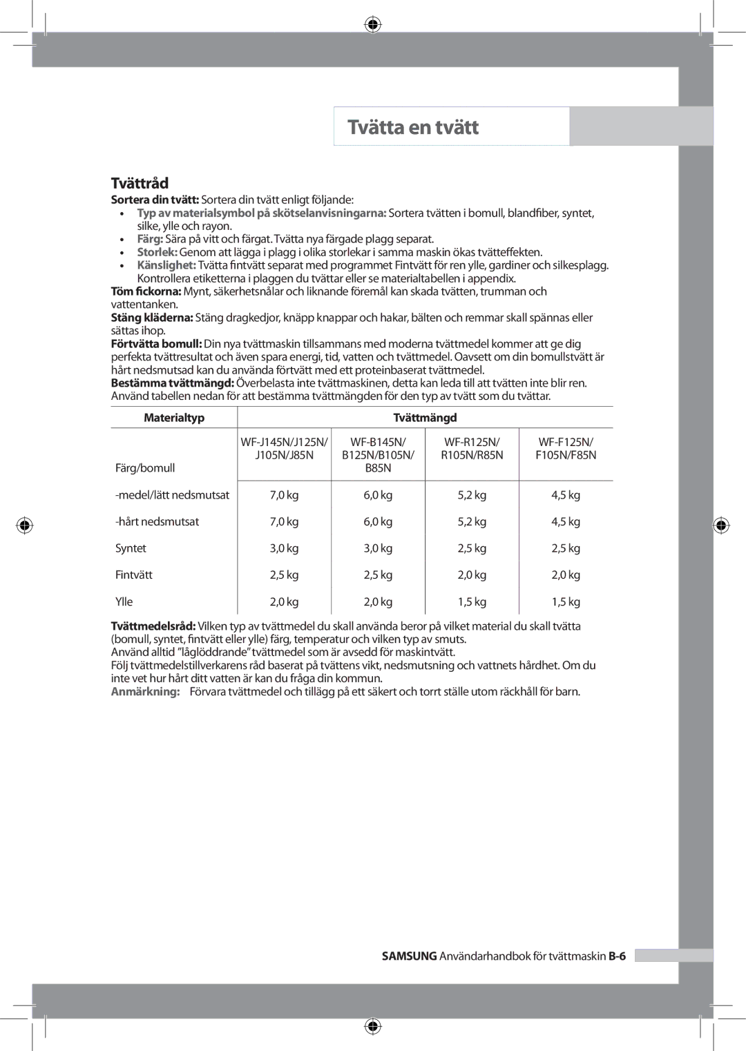 Samsung WF-J125NV/XEE, WF-B145NV/XEE manual Tvättråd, Materialtyp Tvättmängd 