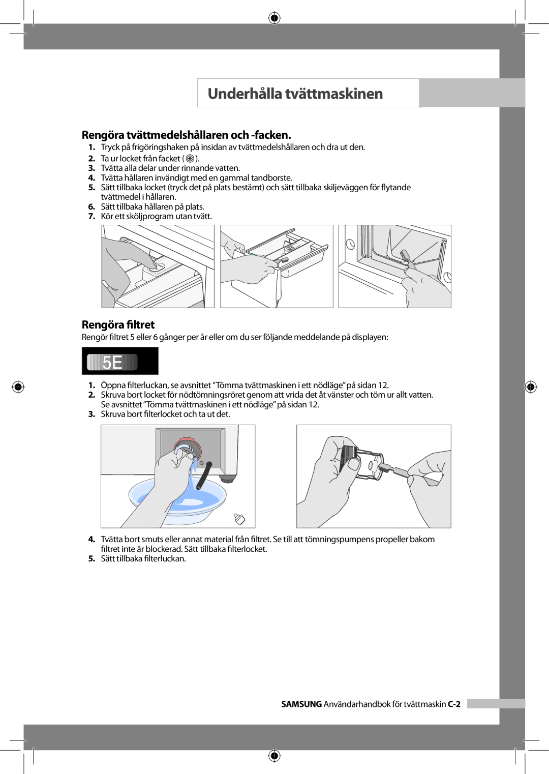 Samsung WF-J125NV/XEE, WF-B145NV/XEE manual Rengöra ﬁltret, Tvätta alla delar under rinnande vatten 