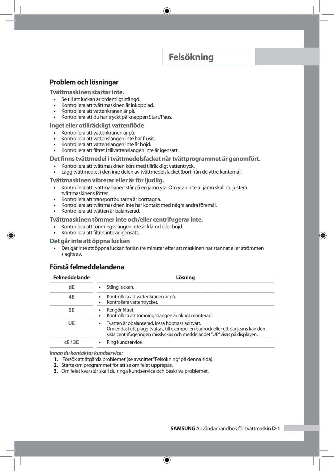 Samsung WF-J125NV/XEE, WF-B145NV/XEE manual Felsökning, Problem och lösningar, Förstå felmeddelandena 