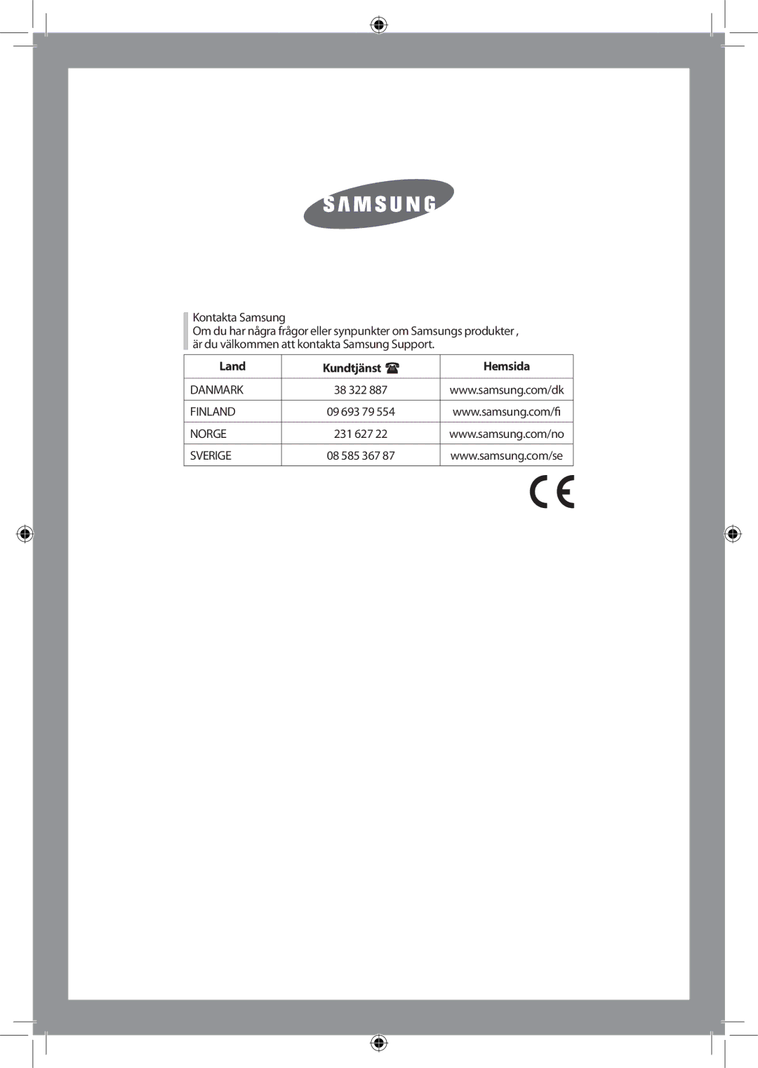 Samsung WF-B145NV/XEE, WF-J125NV/XEE manual Kontakta Samsung, Land Kundtjänst Hemsida 