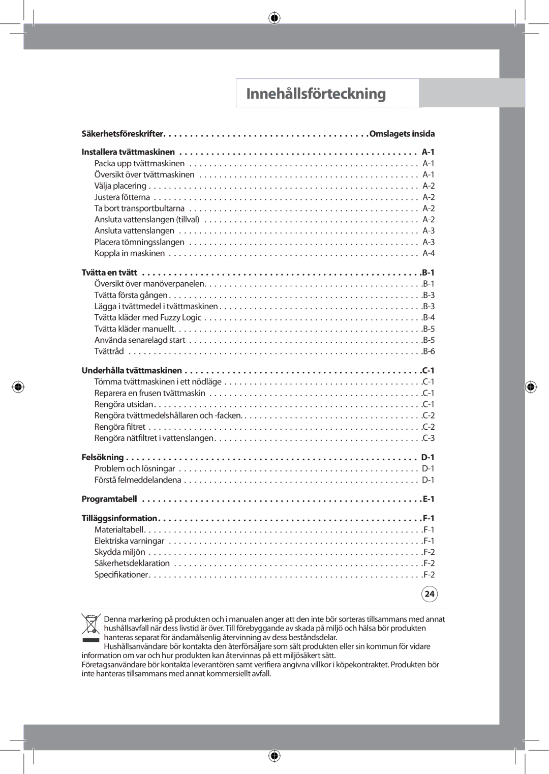 Samsung WF-J125NV/XEE, WF-B145NV/XEE manual Innehållsförteckning 