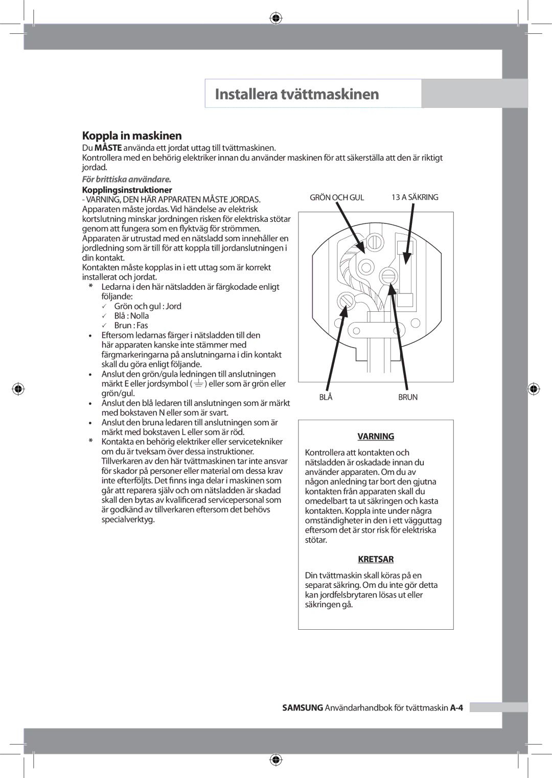 Samsung WF-J125NV/XEE, WF-B145NV/XEE manual Koppla in maskinen, För brittiska användare, Kopplingsinstruktioner 