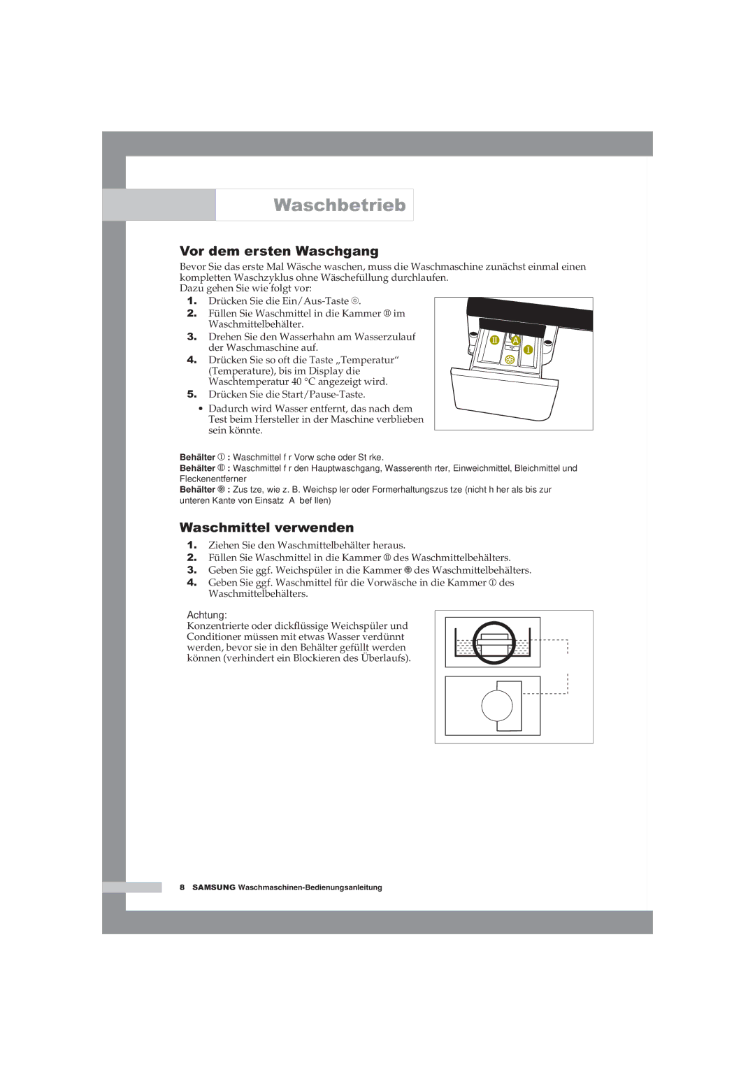 Samsung WF-B145NV/XEG, WF-B125NV/XEG manual Vor dem ersten Waschgang, Waschmittel verwenden 