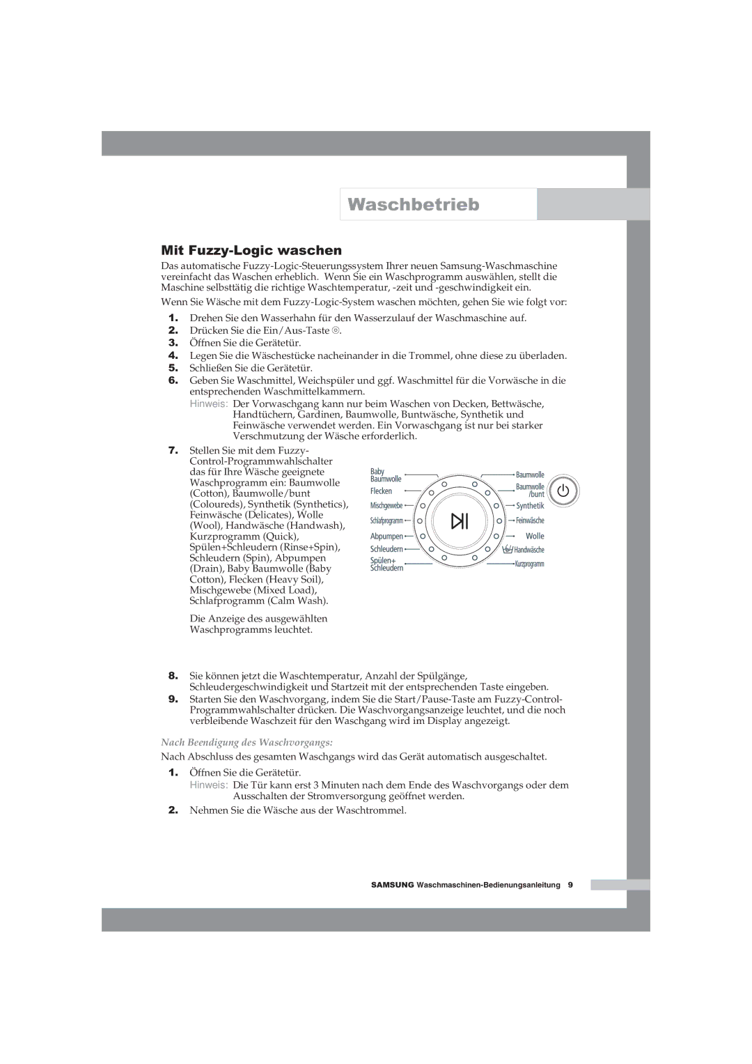 Samsung WF-B125NV/XEG, WF-B145NV/XEG manual Mit Fuzzy-Logic waschen, Nach Beendigung des Waschvorgangs 