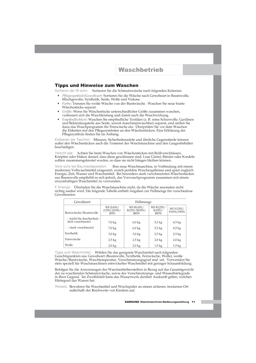 Samsung WF-B125NV/XEG, WF-B145NV/XEG manual Tipps und Hinweise zum Waschen 