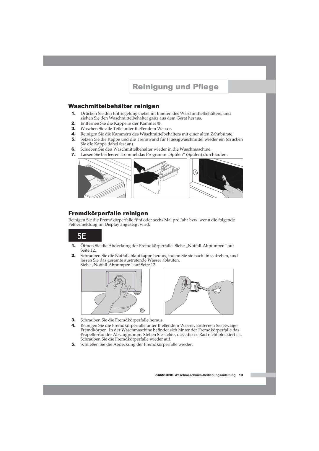 Samsung WF-B125NV/XEG, WF-B145NV/XEG manual Waschmittelbehälter reinigen, Fremdkörperfalle reinigen 