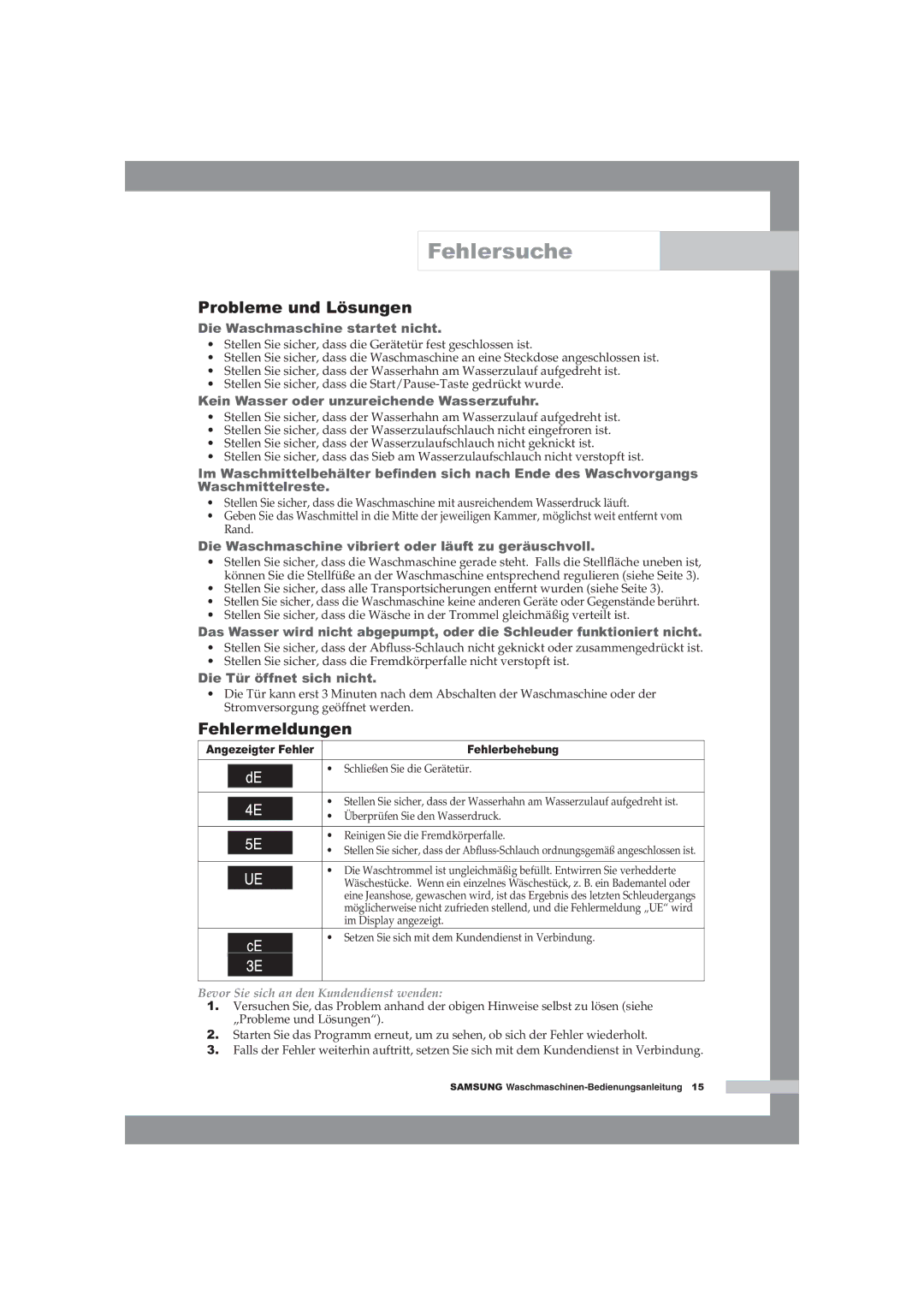 Samsung WF-B125NV/XEG manual Fehlersuche, Probleme und Lösungen, Fehlermeldungen, Bevor Sie sich an den Kundendienst wenden 