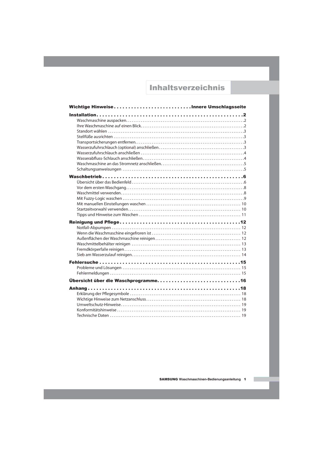 Samsung WF-B125NV/XEG, WF-B145NV/XEG manual Inhaltsverzeichnis, Waschbetrieb 