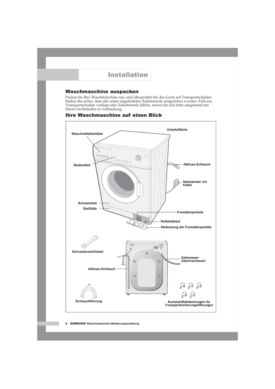 Samsung WF-B145NV/XEG, WF-B125NV/XEG manual Installation, Waschmaschine auspacken, Ihre Waschmaschine auf einen Blick 