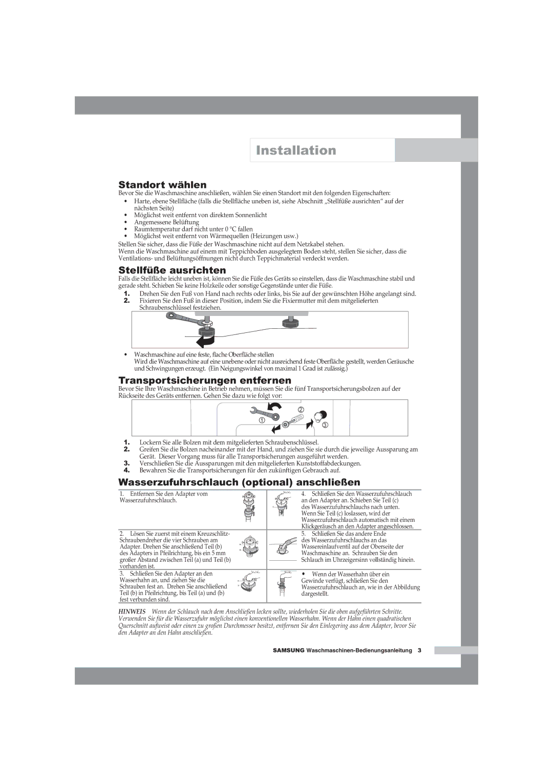 Samsung WF-B125NV/XEG, WF-B145NV/XEG manual Standort wählen, Stellfüße ausrichten, Transportsicherungen entfernen 