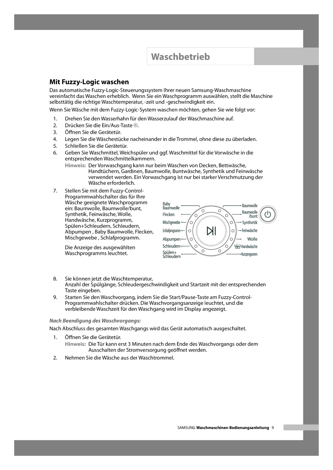 Samsung WF-B146N/XEG manual Mit Fuzzy-Logic waschen, Nach Beendigung des Waschvorgangs 