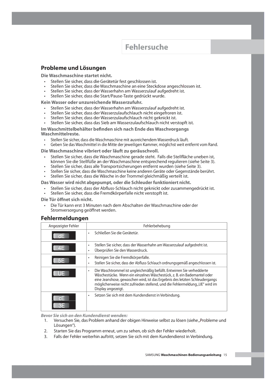 Samsung WF-B146N/XEG manual Fehlersuche, Probleme und Lösungen, Fehlermeldungen 