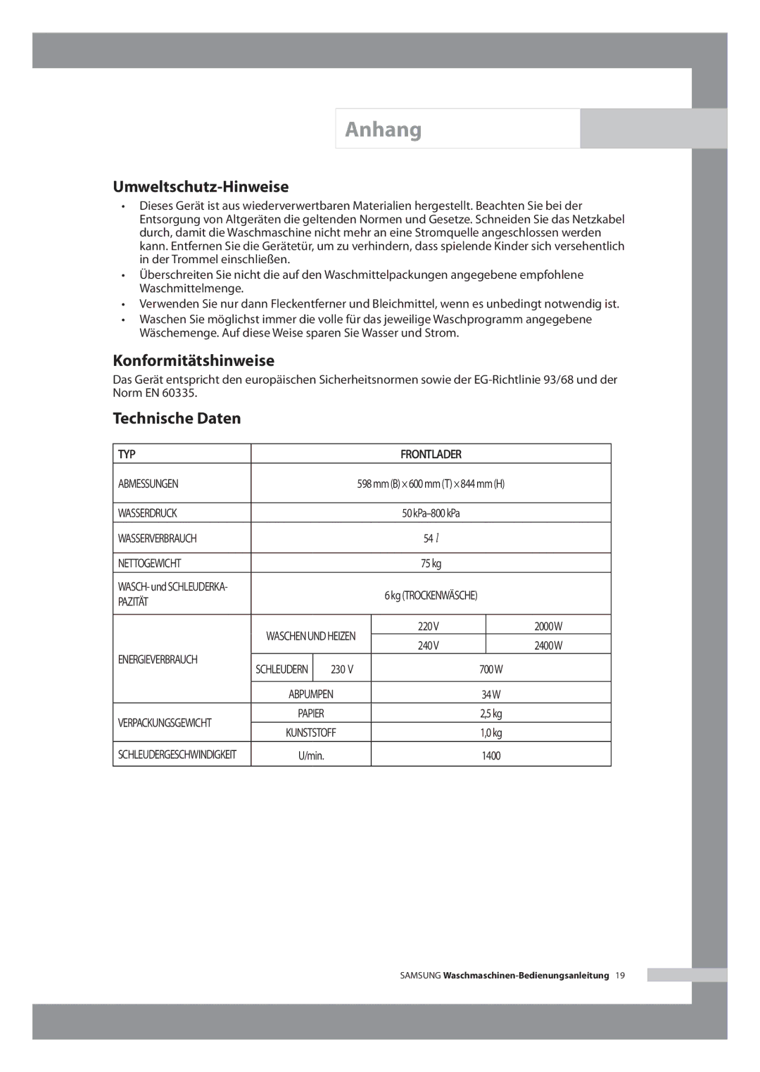 Samsung WF-B146N/XEG manual Umweltschutz-Hinweise, Konformitätshinweise, Technische Daten, 220V 2000W, 240V 2400W 