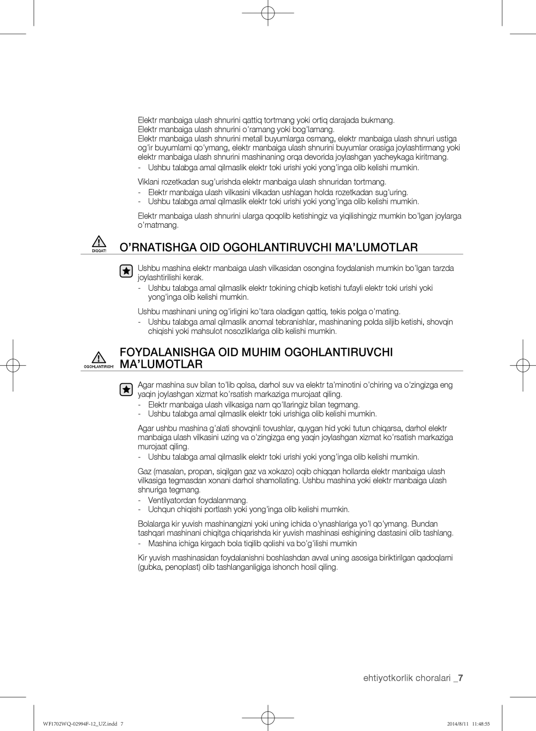 Samsung WF1702YQQ/YLP, WF-E602YQR/YLP, WF1602YQQ/YLP, WF1602YQR/YLP manual DIQQAT! O’RNATISHGA OID Ogohlantiruvchi MA’LUMOTLAR 