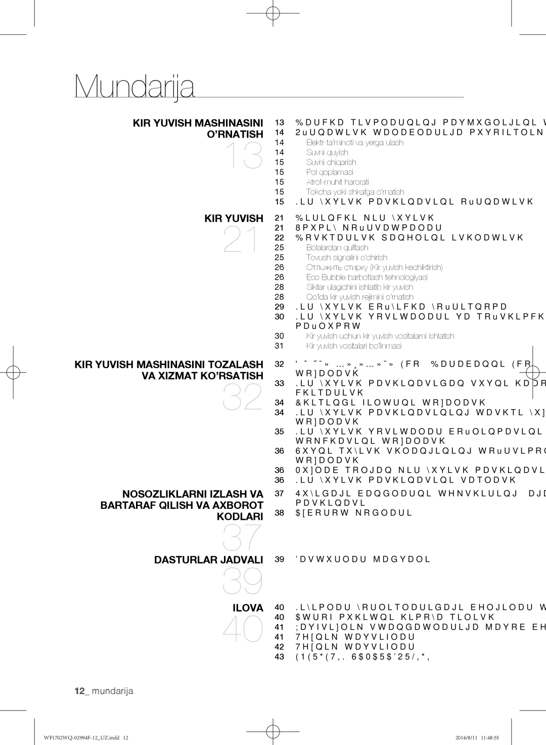 Samsung WF1602YQQ/YLP, WF-E602YQR/YLP, WF1602YQR/YLP, WF1702YQR/YLP, WF1702YQC/YLP, WF1602YQC/YLP, WF1602YQY/YLP manual Mundarija 