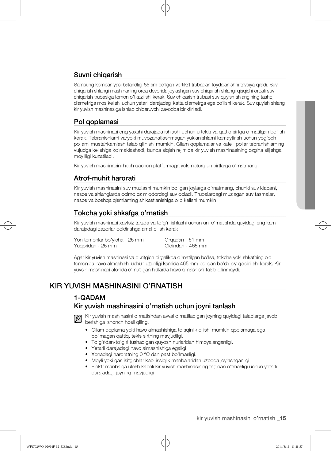 Samsung WF1702YQC/YLP, WF-E602YQR/YLP, WF1602YQQ/YLP, WF1602YQR/YLP, WF1702YQR/YLP manual Kir yuvish mashinasini o’rnatish 