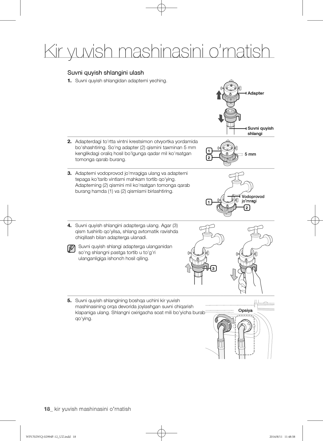 Samsung WF1702YQQ/YLP, WF-E602YQR/YLP, WF1602YQQ/YLP, WF1602YQR/YLP manual Suvni quyish shlangidan adapterni yeching, Qo’ying 