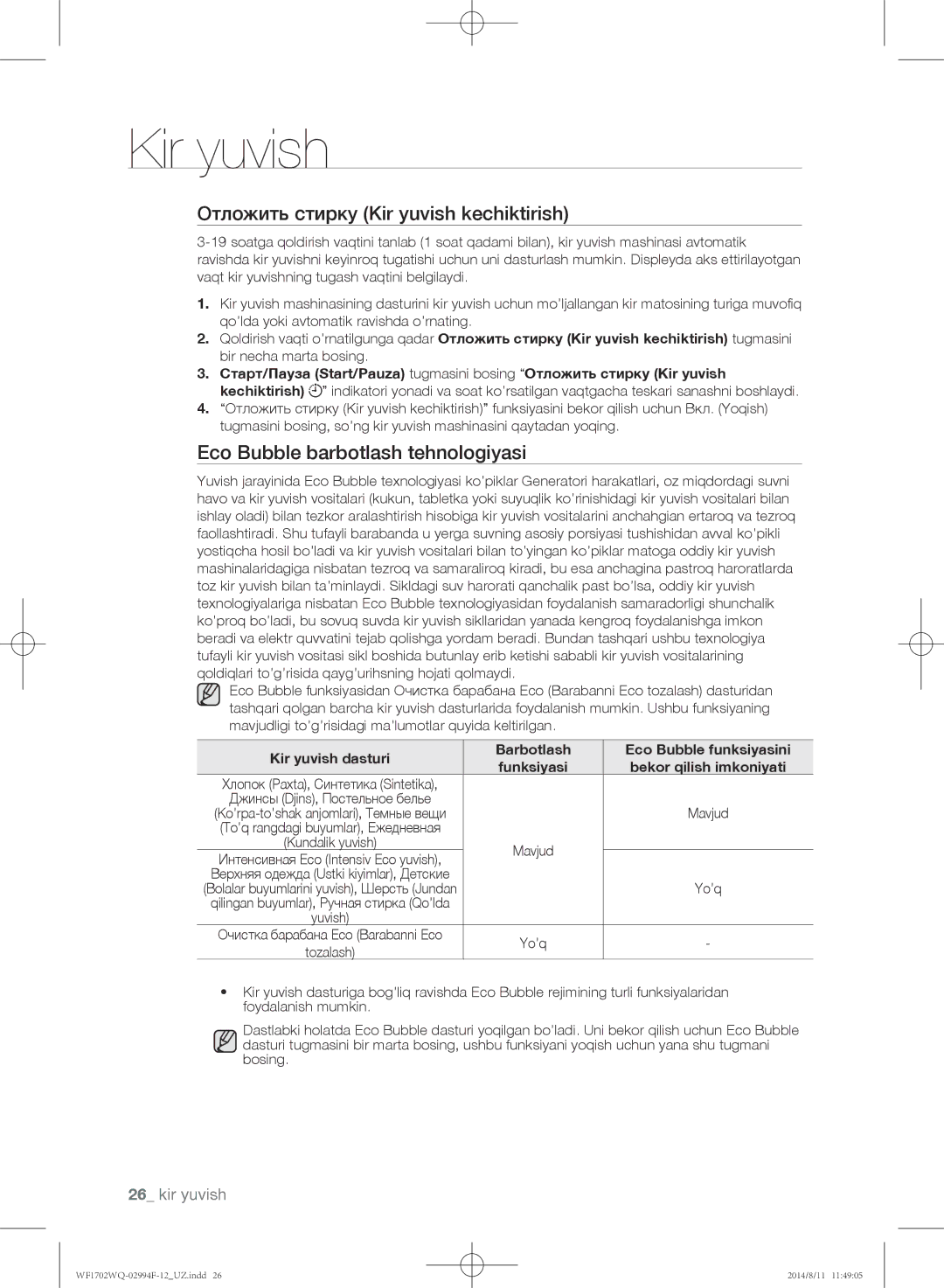 Samsung WF1702YQC/YLP, WF-E602YQR/YLP manual Отложить стирку Kir yuvish kechiktirish, Eco Bubble barbotlash tehnologiyasi 