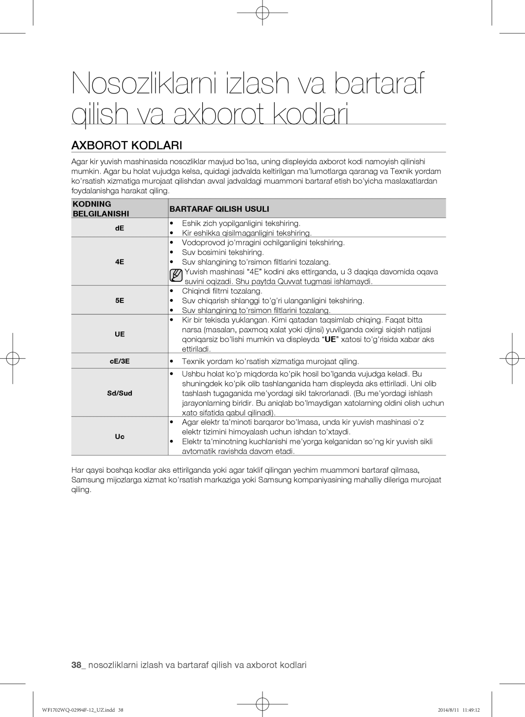 Samsung WF1602YQC/YLP, WF-E602YQR/YLP, WF1602YQQ/YLP manual Axborot kodlari, Kodning Bartaraf Qilish Usuli Belgilanishi 