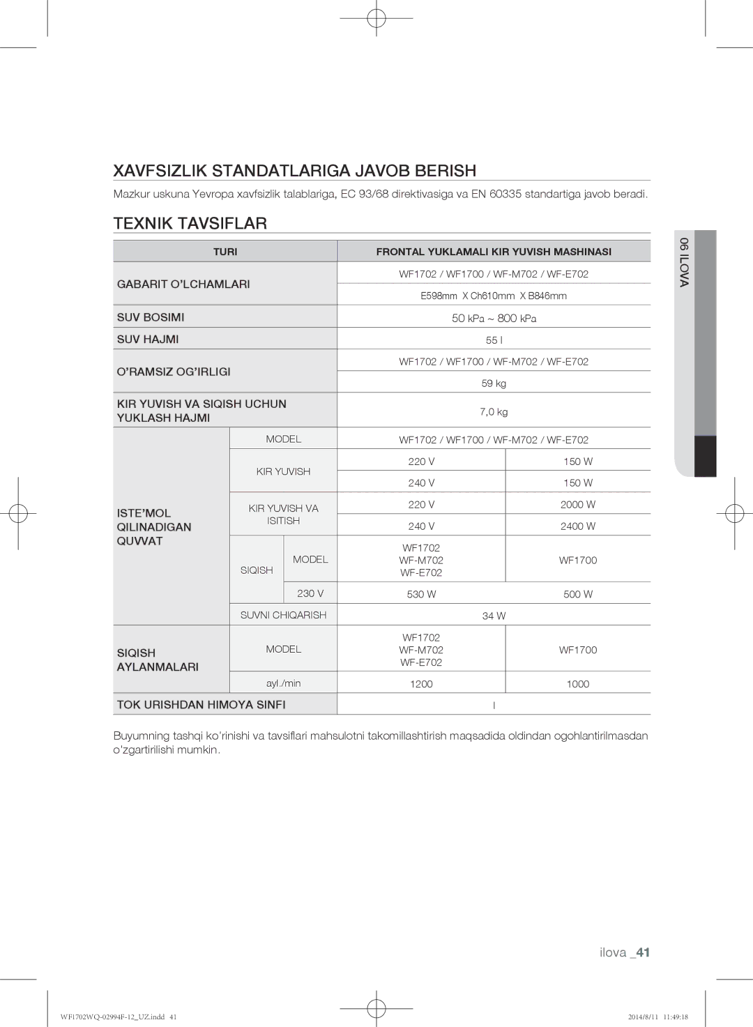 Samsung WF-M602YQR/YLP, WF-E602YQR/YLP, WF1602YQQ/YLP, WF1602YQR/YLP Xavfsizlik standatlariga javob berish, Texnik tavsiflar 