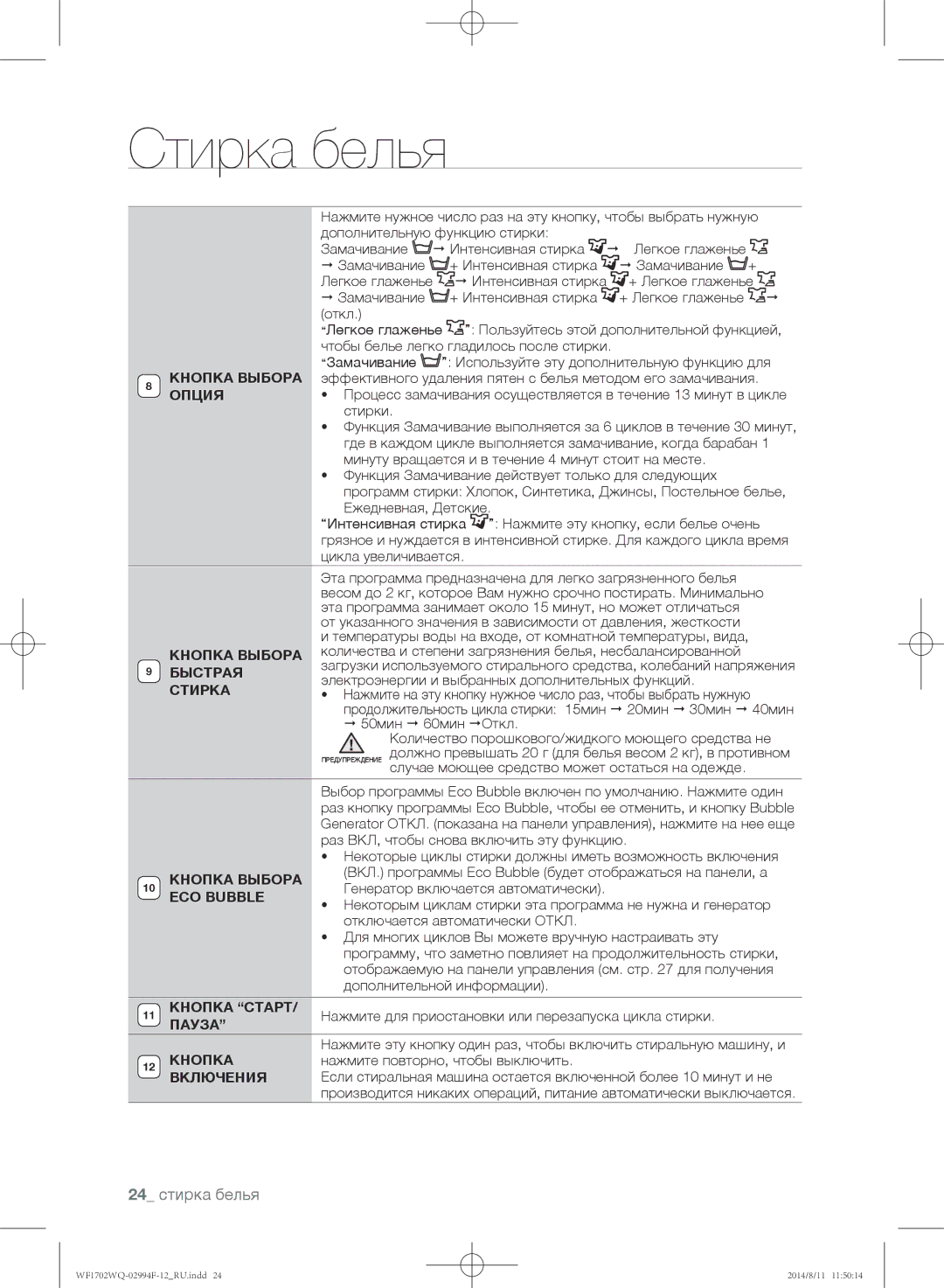 Samsung WF1602YQR/YLP, WF-E602YQR/YLP, WF1602YQQ/YLP, WF1702YQR/YLP, WF1702YQC/YLP, WF1602YQC/YLP manual 24 стирка белья 