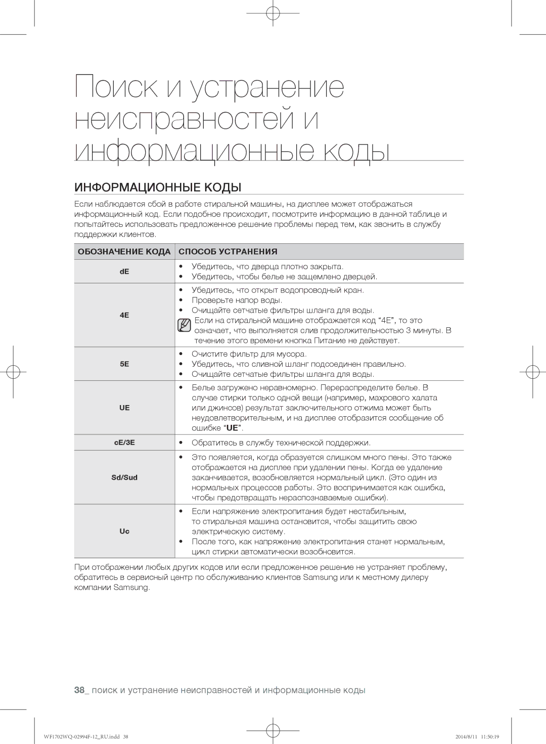 Samsung WF1602YQC/YLP, WF-E602YQR/YLP manual Информационные коды, 38 поиск и устранение неисправностей и информационные коды 