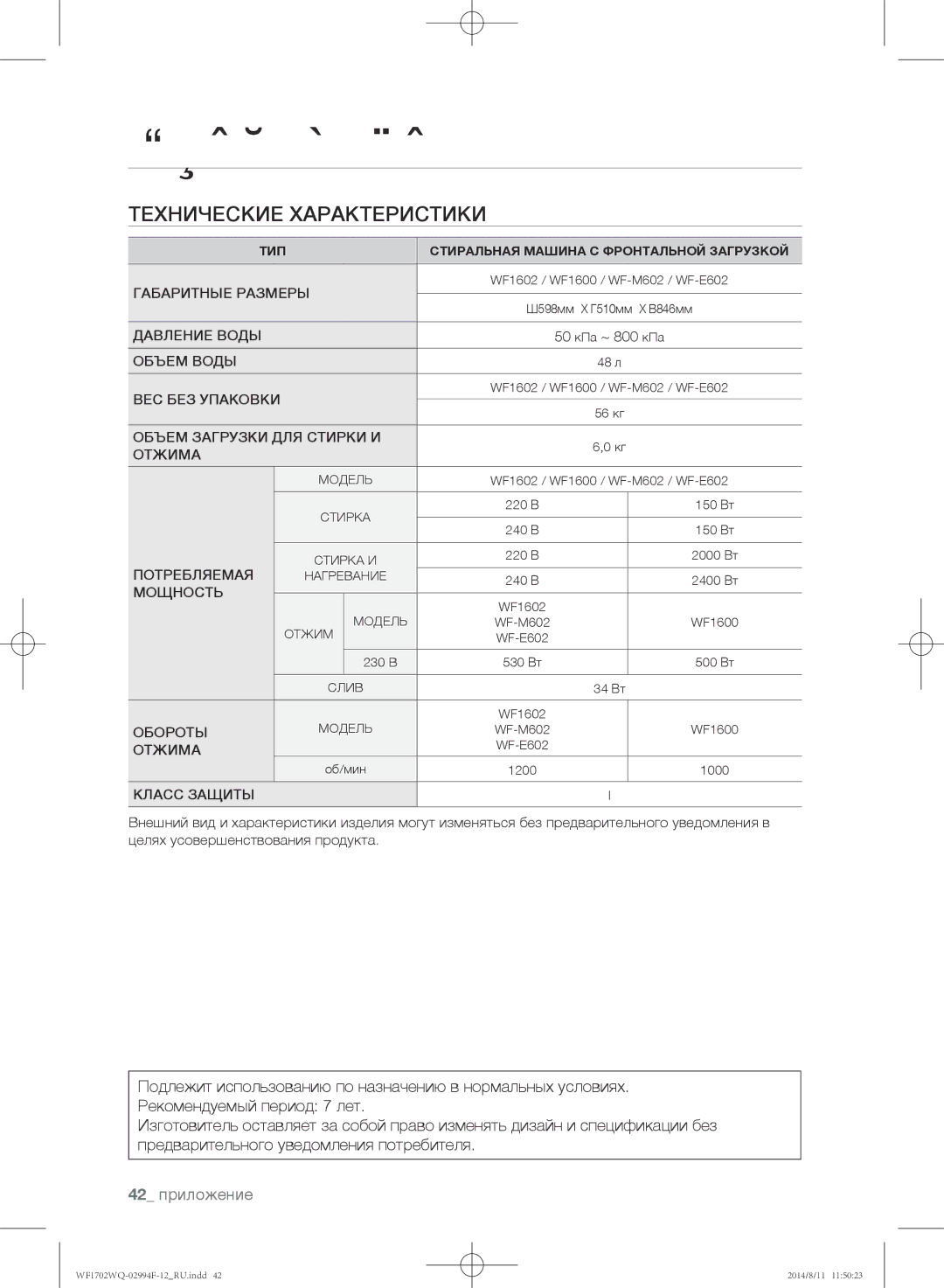 Samsung WF1702YQB/YLP, WF-E602YQR/YLP, WF1602YQQ/YLP, WF1602YQR/YLP, WF1702YQR/YLP manual 42 приложение, 50 кПа ~ 800 кПа 