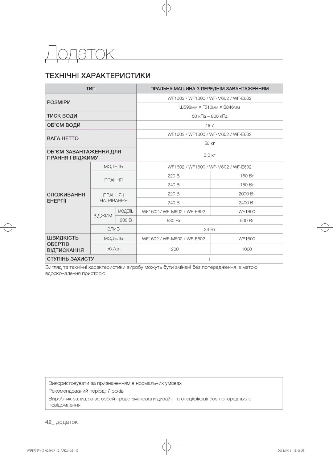 Samsung WF1702YQB/YLP, WF-E602YQR/YLP, WF1602YQQ/YLP, WF1602YQR/YLP, WF1702YQR/YLP, WF1702YQC/YLP, WF1602YQC/YLP 42 додаток 