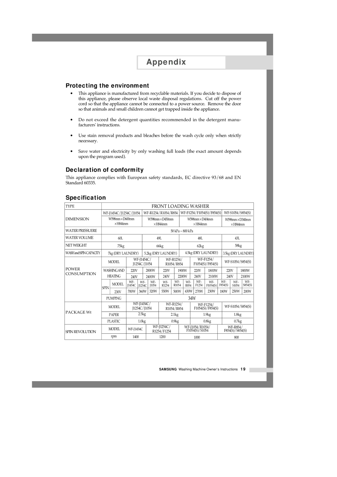 Samsung WF-R854/YLW, WF-F1054S/YLR, WF-J1054/YLR manual Protecting the environment, Declaration of conformity, Specification 